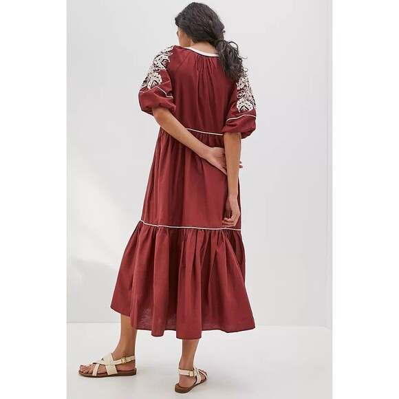 Anthropologie Gretel Embroidered Maxi Dress Maroon White 1X - Picture 4 of 11